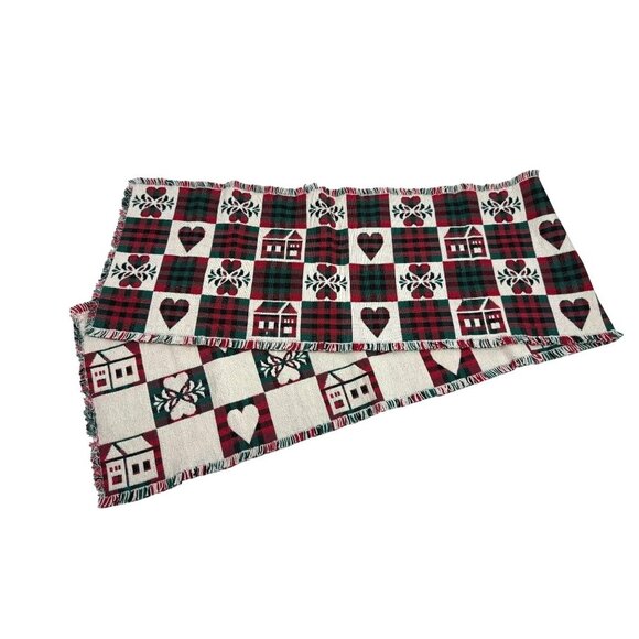 Vintage Plaid Heart & Home Reversible Tapestry Table Runner Folk Cottagecore - Picture 1 of 11